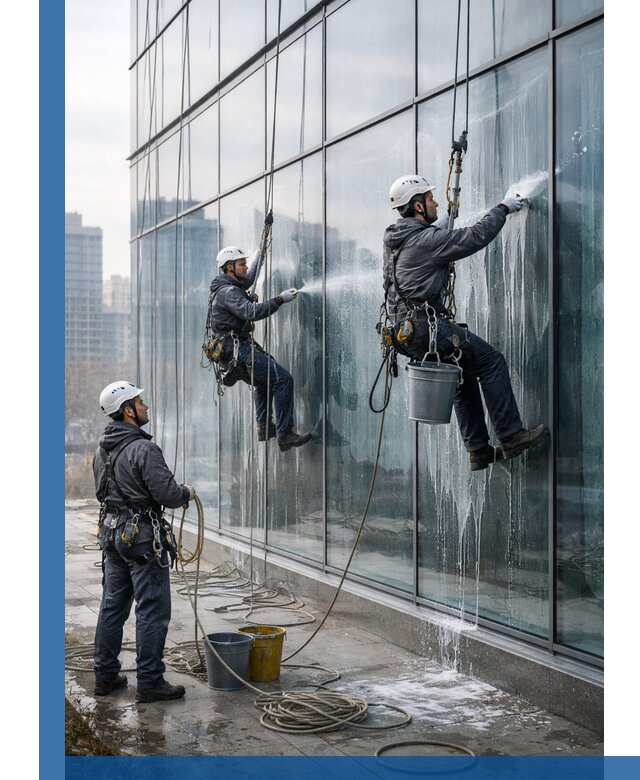 Промышленная мойка панорамных окон на высоте в Городце