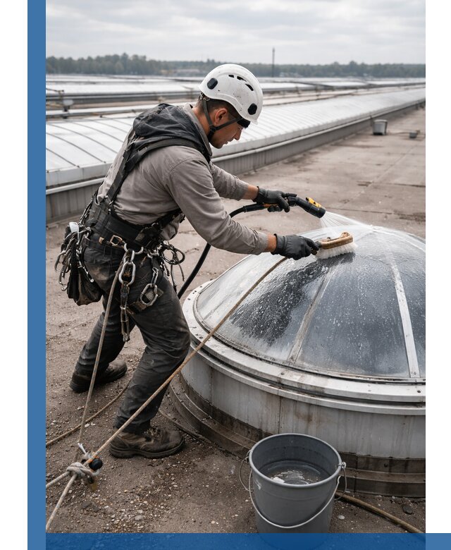 Мойка зенитных фонарей на кровле для промышленных объектов в Городце