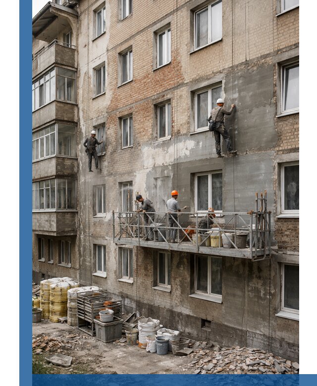 Капитальный ремонт фасада в Городце с восстановлением и гидроизоляцией