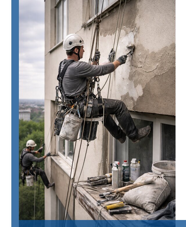 Косметический ремонт фасада зданий в Городце промышленными альпинистами