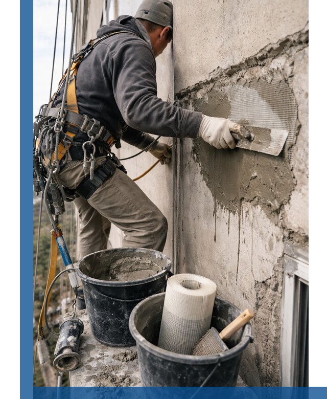 Ремонт бетонных элементов фасада промышленными альпинистами в Городце