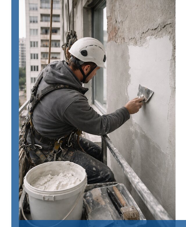 Шпаклевка фасадов на высоте с промальпинистами в Городце