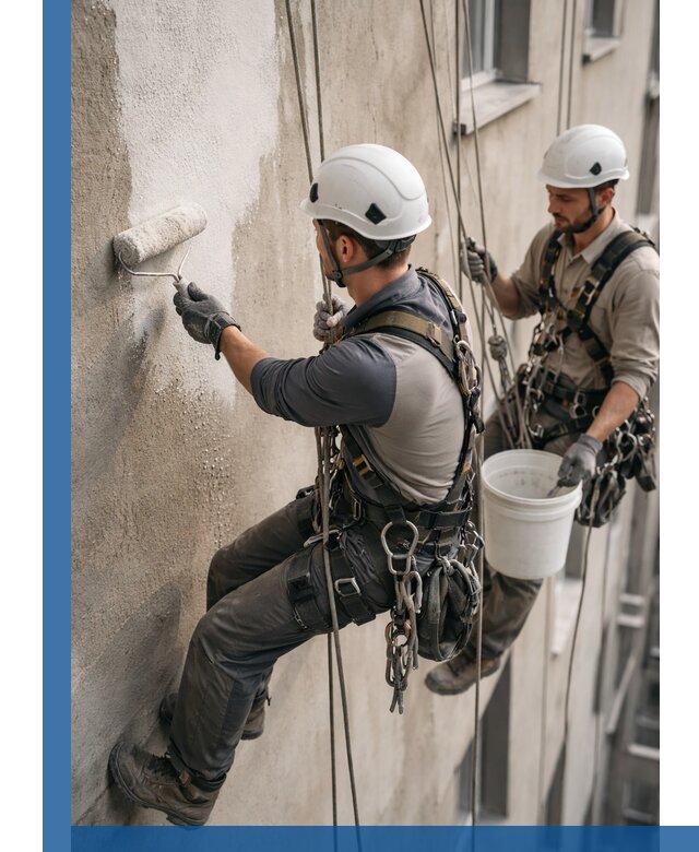 Грунтовка фасада на высоте в Городце промышленными альпинистами