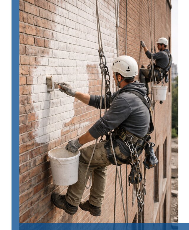 Покраска кирпичного фасада с доступным альпинистским сервисом в Городце