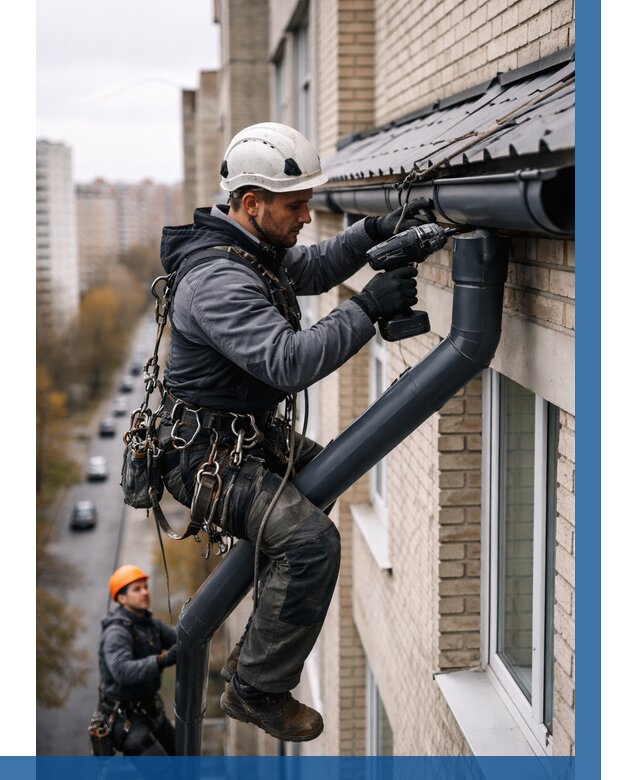 Монтаж водосточной системы на здании в Городце от 5062 р. | ВЫСОТНИК-Грд