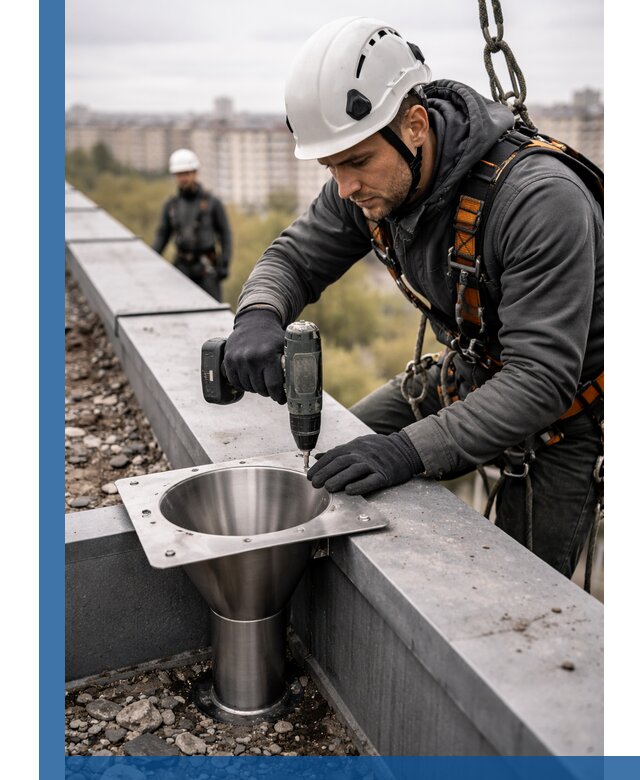 Монтаж водосточных воронок в Городце для промышленных зданий