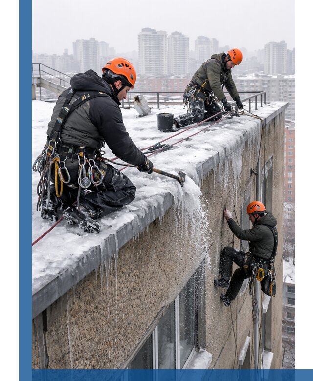 Удаление наледи с кровли в Городце промышленными альпинистами