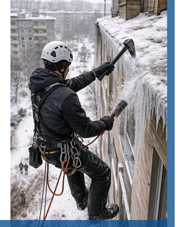 Сбивание сосулек с крыши в Городце по цене от 4555 р. | ВЫСОТНИК-Грд