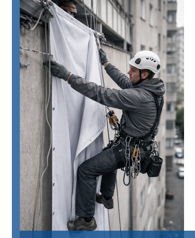 Замена баннерного полотна промышленными альпинистами в Городце