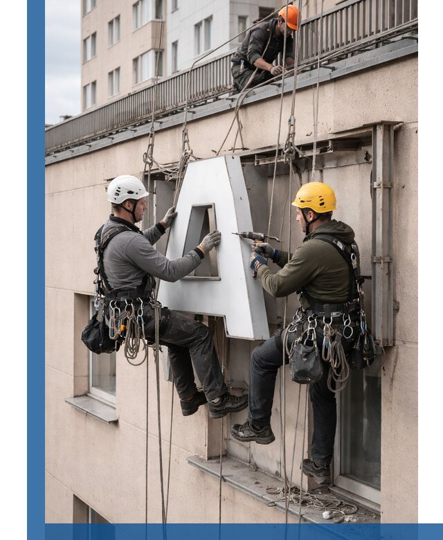 Ремонт и восстановление наружных вывесок на высоте в Городце