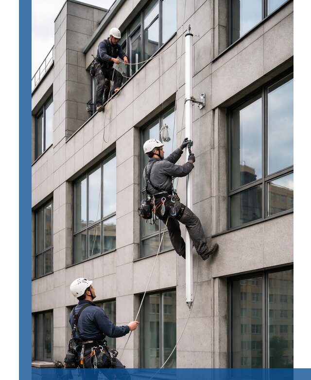 Монтаж флагштока на фасаде здания с креплением и герметикой в Городце