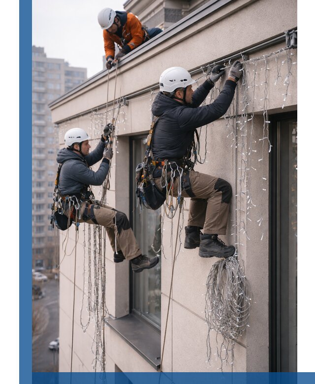 Монтаж праздничных гирлянд на фасаде в Городце для зданий