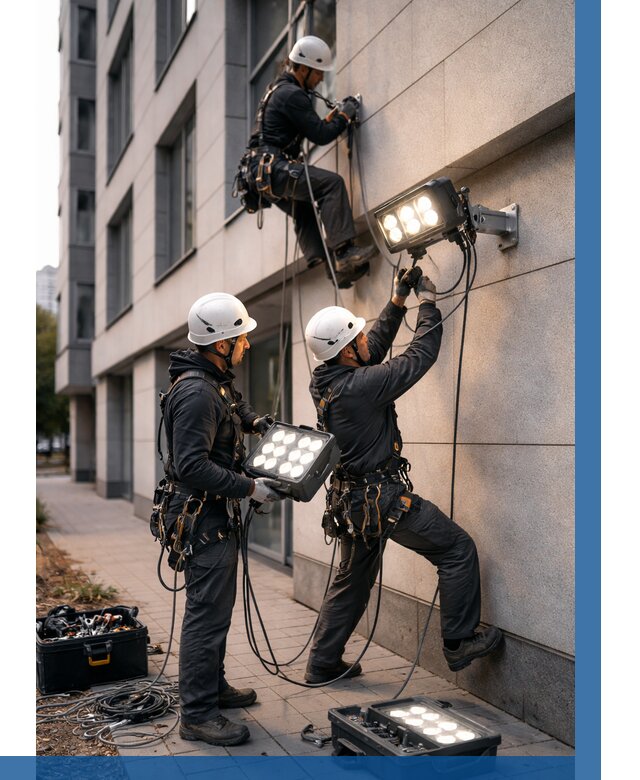 Монтаж прожекторов на фасаде в Городце от 7592 р. | ВЫСОТНИК-Грд