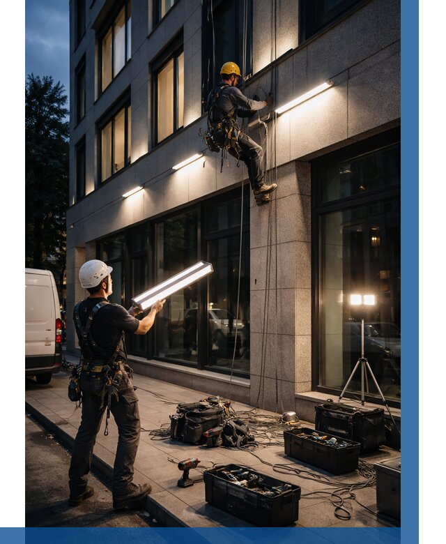 Монтаж архитектурной подсветки здания в Городце от 2531 р.|ВЫСОТНИК-Грд