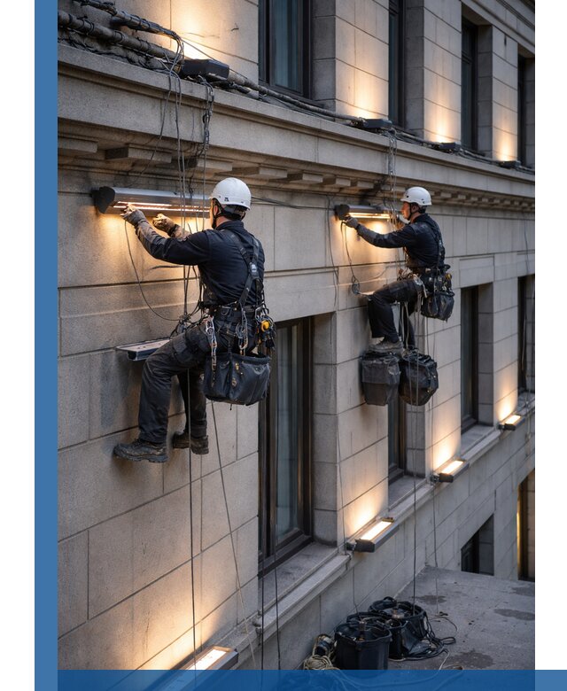 Монтаж архитектурной подсветки фасадов зданий в Городце