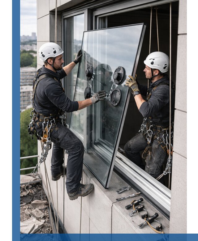 Замена стеклопакетов на высоте с промышленными альпинистами в Городце