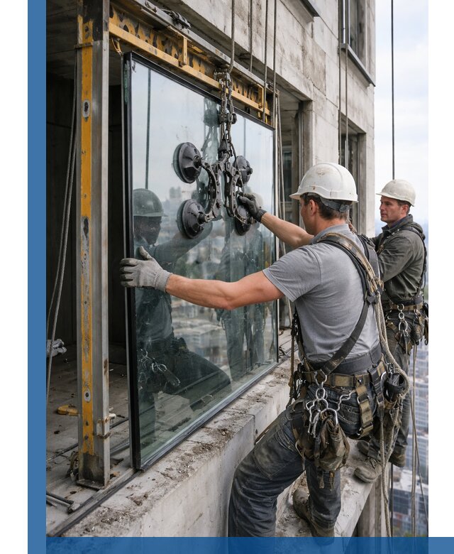 Монтаж стеклопакетов на высоте в Городце с промышленным альпинизмом