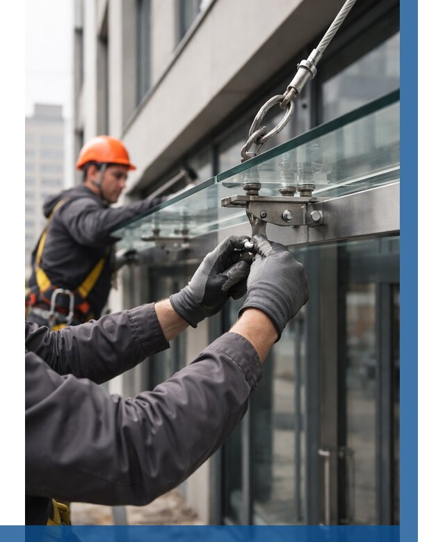 Монтаж стеклянных козырьков в Городце от 8605 р. | ВЫСОТНИК-Грд