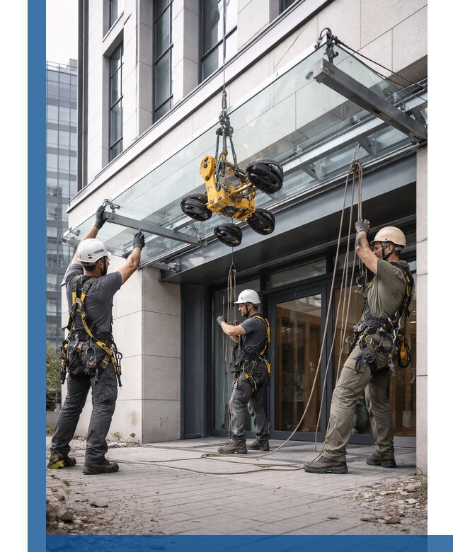 Монтаж стеклянных козырьков под ключ в Городце для зданий