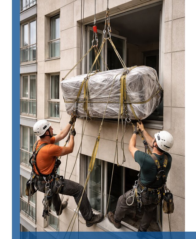 Подъем грузов через окно в Городце промышленными альпинистами