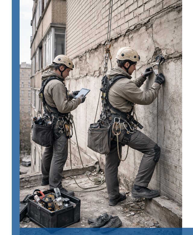 Обследование фасада промышленными альпинистами в Городце